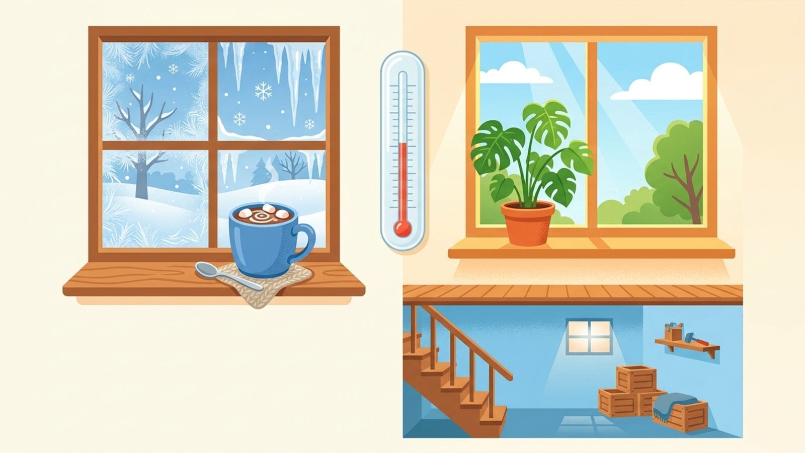 Een bevroren winterraam met een beker warme chocolademelk, een thermometer tussen dat raam en een zonnig raam met een plant in een pot, en een kelder met een trap en kratten onder de begane grond.
