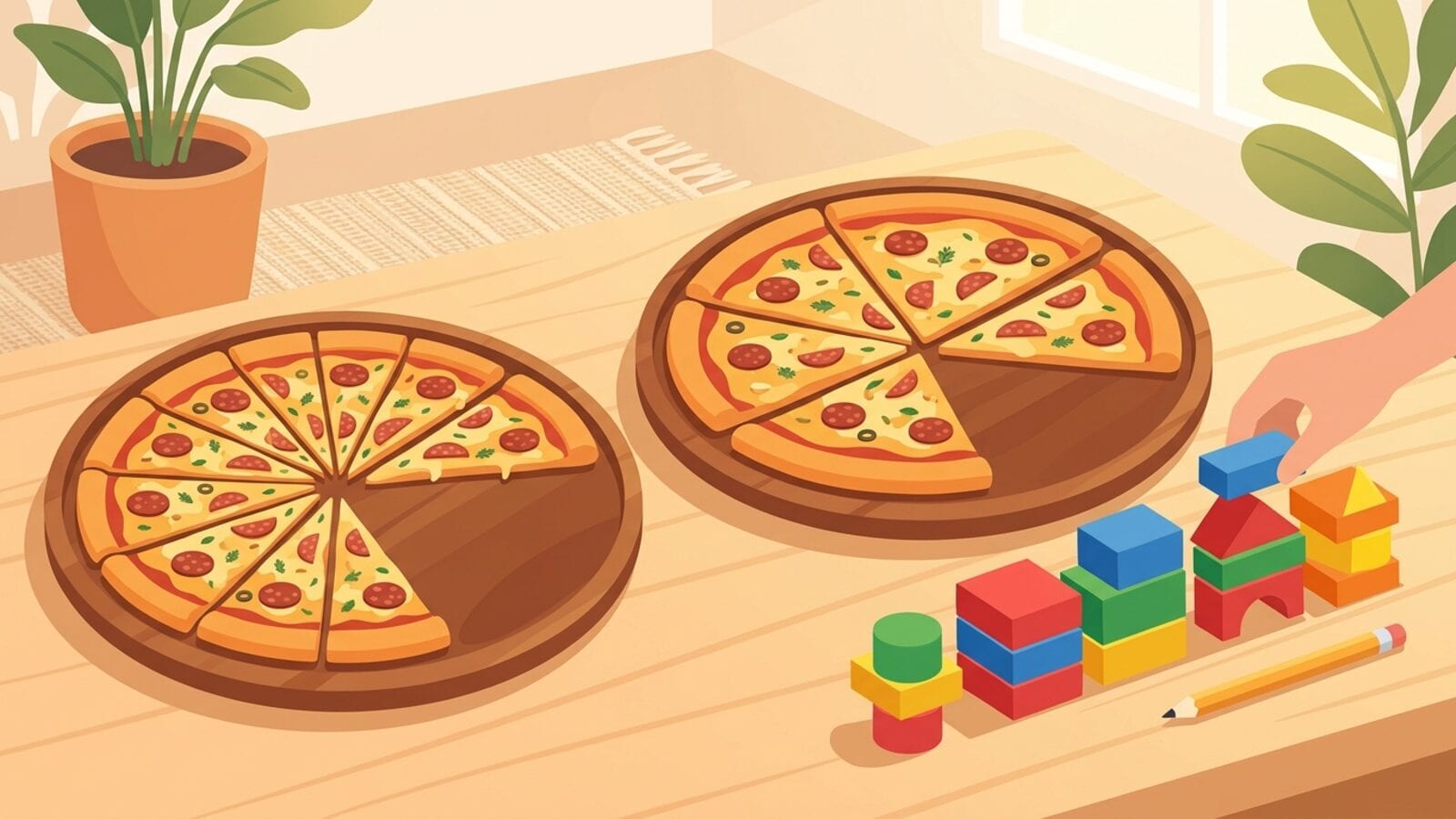 To like store pizzaer på et trebord, den ene skåret i mange tynne stykker og den andre i noen få store, med like stor del spist av begge, ved siden av stabler med fargerike treklosser og en blyant.
