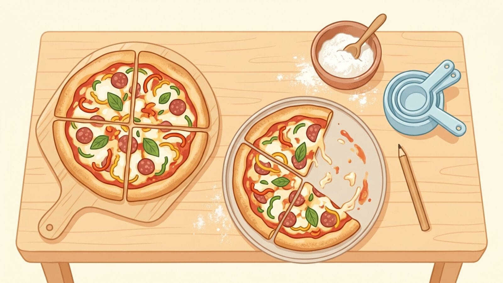 Duas pizzas redondas sobre uma mesa de cozinha clara, uma inteira e outra cortada em fatias com algumas faltando, ao lado de um jogo de xícaras medidoras, um pacote de farinha e um lápis.