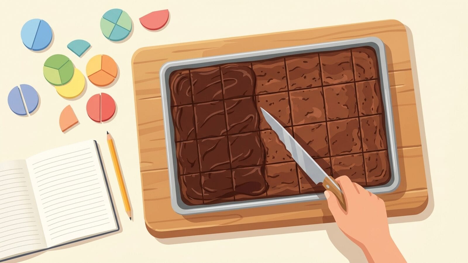 En langpanne med brownies skåret i et rutenett på et trebrett, delvis dekket med glasur, med en hånd som skjærer med en kniv, fargerike brøksirkler, en notatbok og en blyant ved siden av.