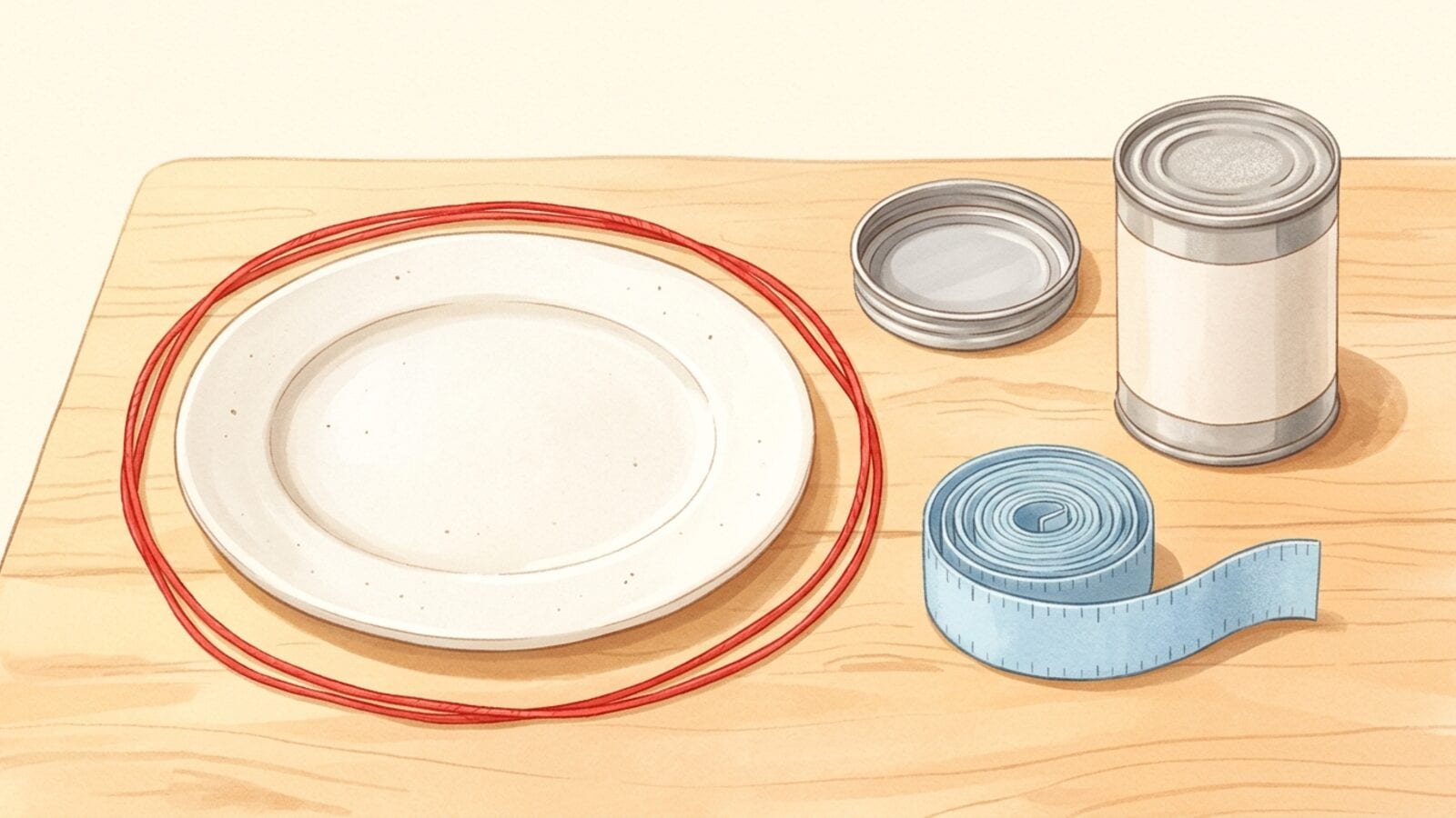 Ronde spullen uit de keuken op een lichte tafel, een etensbord, een deksel van een pot en een blik, met een lus rood touw en een meetlint ernaast.