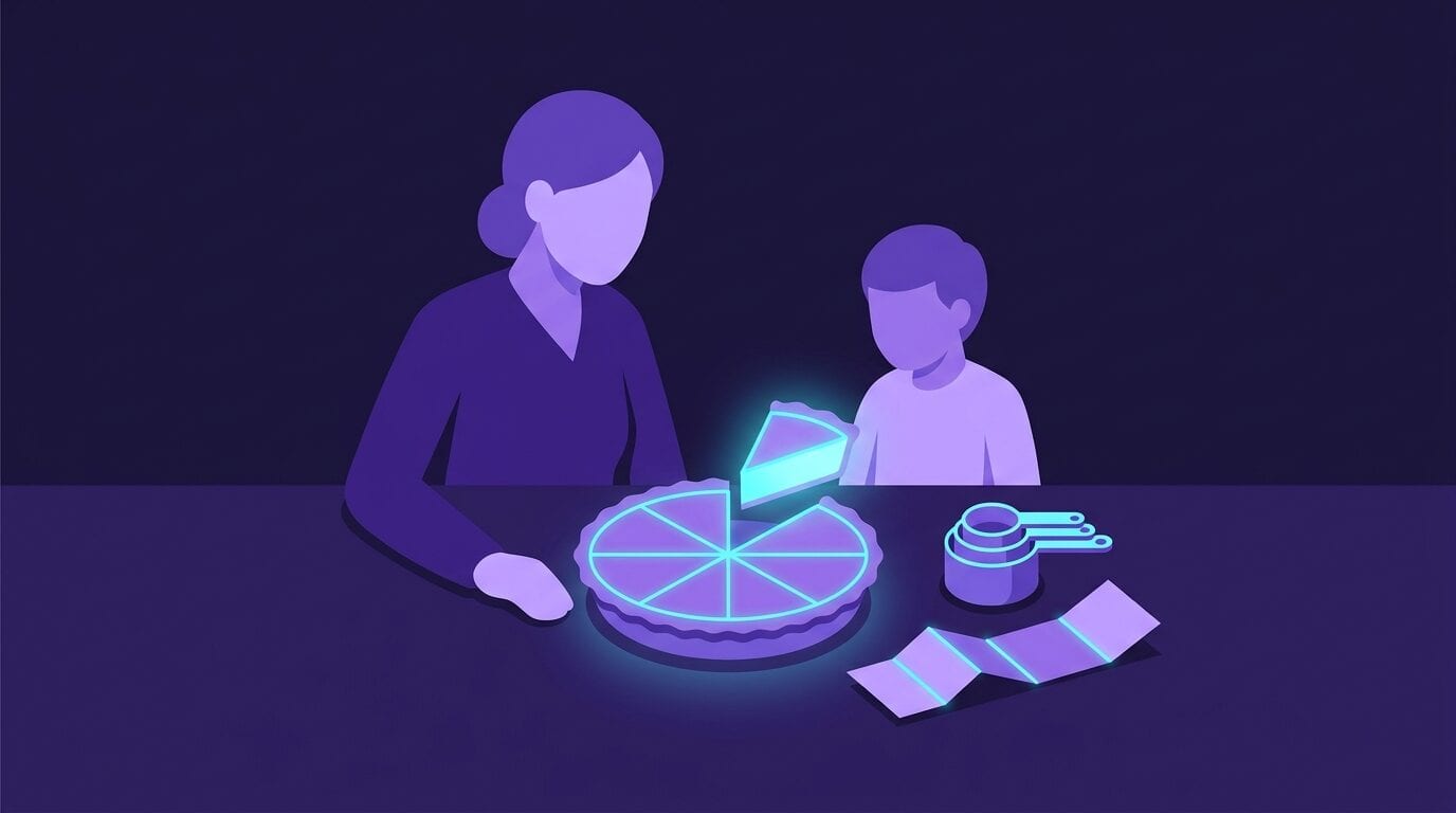 Flache Illustration auf dunkelviolettem Hintergrund: Ein Elternteil und ein Kind teilen sich einen runden Kuchen in gleich großen Stücken, daneben stehen Messbecher.