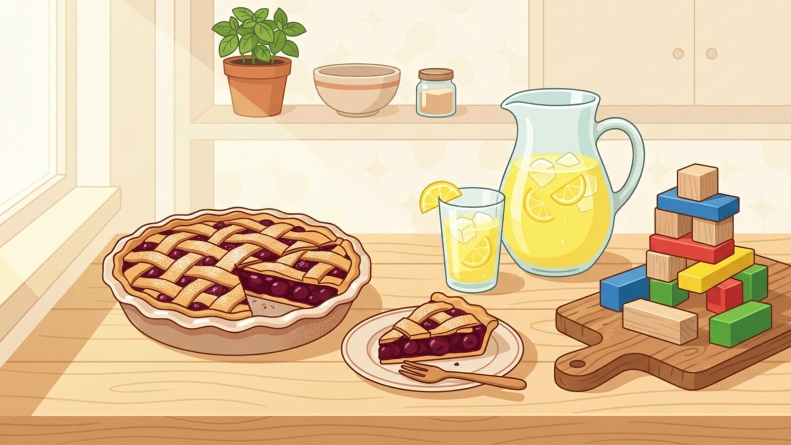 Uma mesa de cozinha com uma torta de frutas vermelhas de massa trançada sem uma fatia, a fatia num prato com um garfo, uma jarra e um copo de limonada e uma pilha de blocos de madeira coloridos sobre uma tábua.