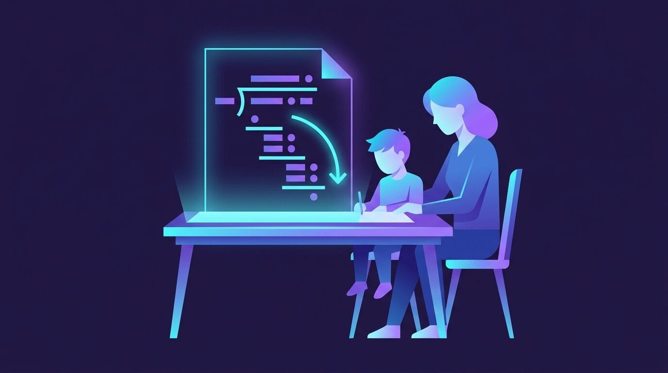 Flat illustration on a deep purple background of a parent and child at a kitchen table, working through a stacked division problem on paper drawn as abstract shapes.