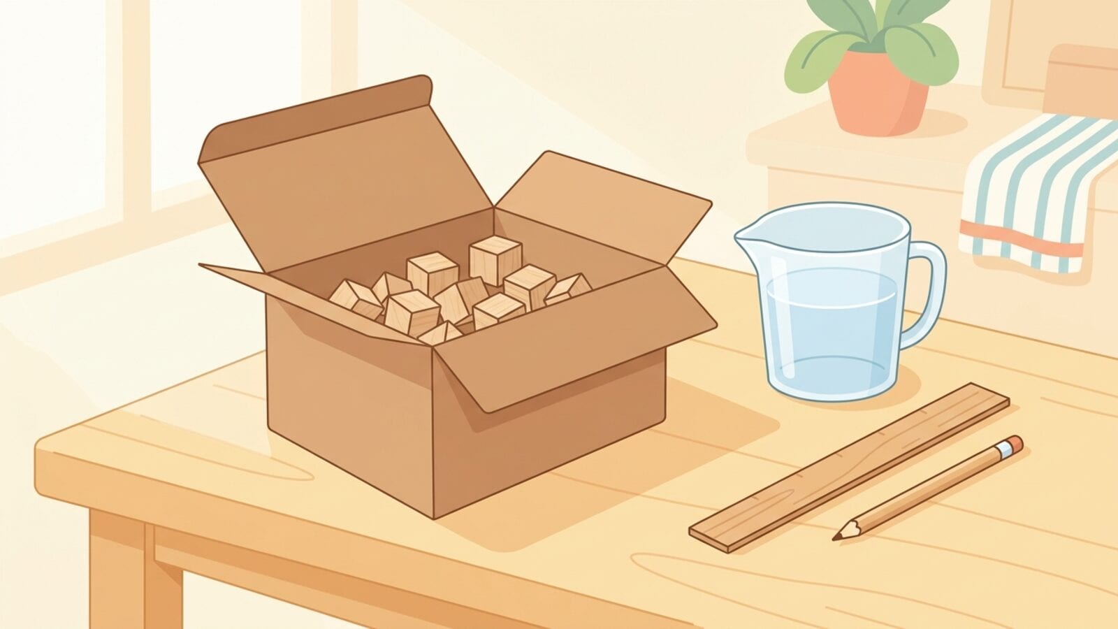 Uma caixa de papelão até a metade com cubinhos de madeira sobre uma mesa de cozinha clara, ao lado de uma jarra medidora de vidro com água, uma régua e um lápis.