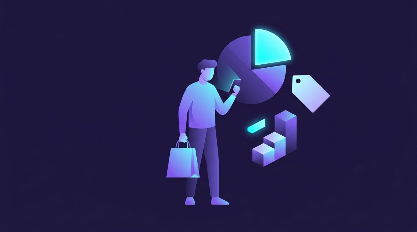 Flat illustration on a deep purple background of an adult holding a shopping bag and a phone calculator, next to an abstract pie chart and a large percent-like shape.