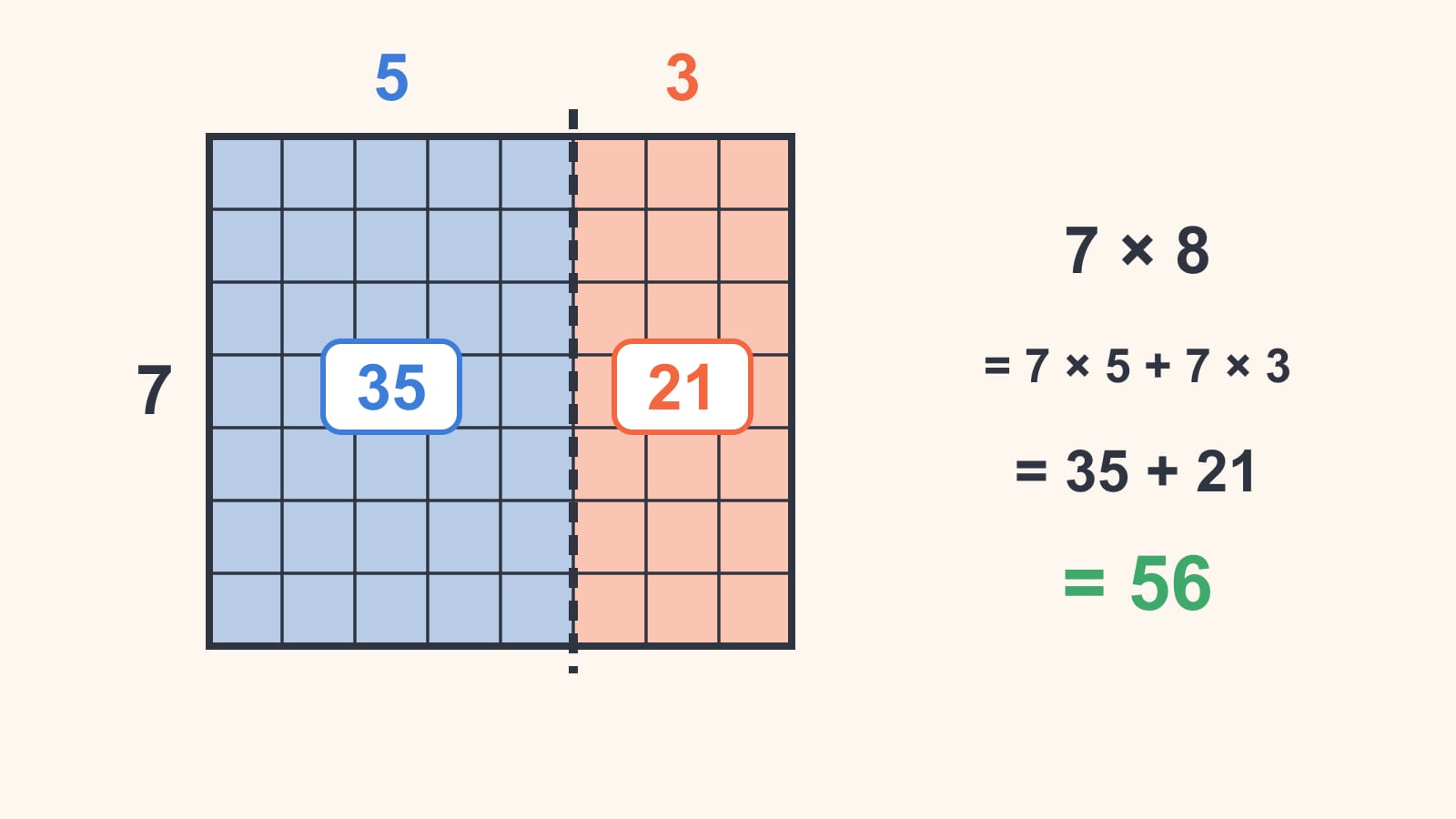 En arealmodell for 7 × 8: et rutenett som er 7 ruter høyt og 8 bredt, delt med en stiplet linje i en blå del på 7 ganger 5 merket 35 og en oransje del på 7 ganger 3 merket 21, med 7 × 8 = 7 × 5 + 7 × 3 = 35 + 21 = 56.