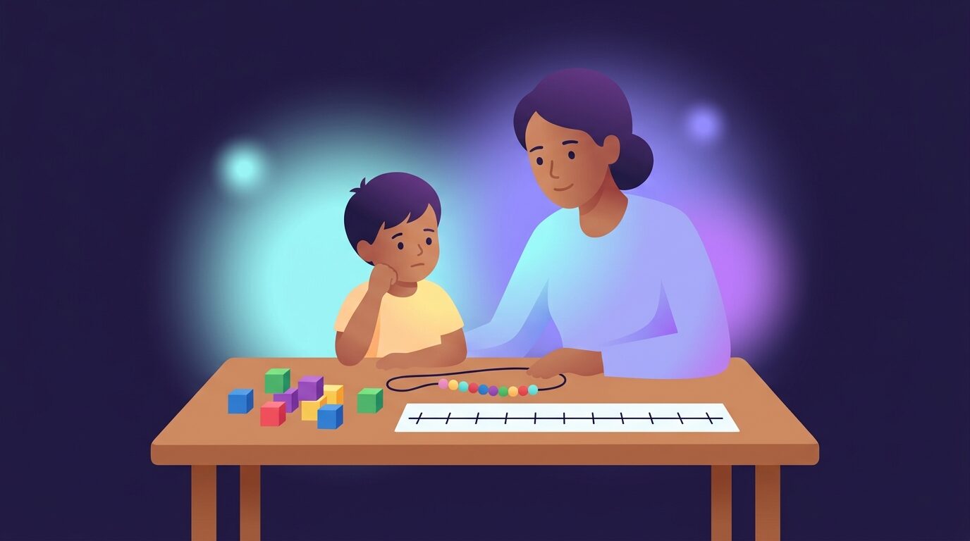 Un niño clasifica pequeños bloques de madera para contar, agrupándolos sobre una mesa.